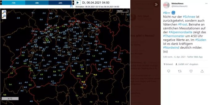 Beinahe an sämtlichen Messstationen auf der Alpennordseite zeigt das Thermometer laut «MeteoNews» um 4:50 Uhr negative Werte an. Wetter Schweiz Ulli
