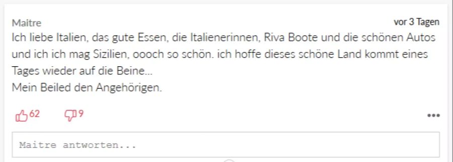 Ein User drückt sein Beileid gegenüber den Angehörigen aus.