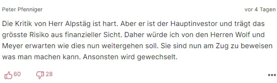 Mehrheitsaktionär Bernhard Alpstaeg wird in der Kommentarspalte teilweise recht gegeben.