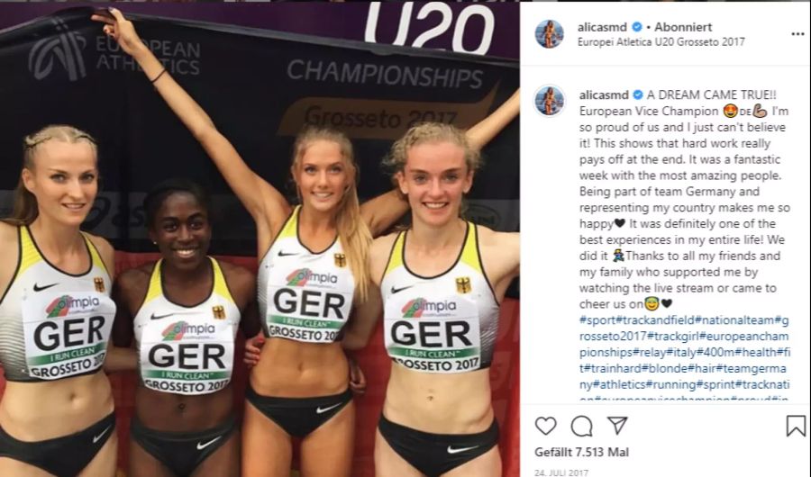 Mit der deutschen U20-Staffel holt sie 2017 EM-Silber über 4x400 Meter.