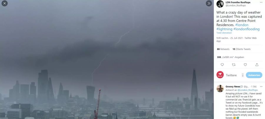 Die Unwetter sorgten in London für einen dunkel Abendhimmel.