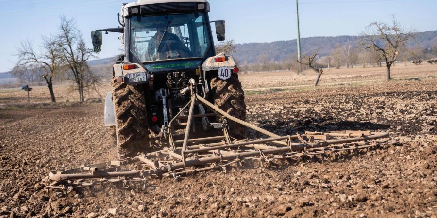 Ein bayerischer Landwirt zerkleinert mit einer Egge die groben Brocken auf seinem Feld, um es für die Aussaat vorzubereiten.