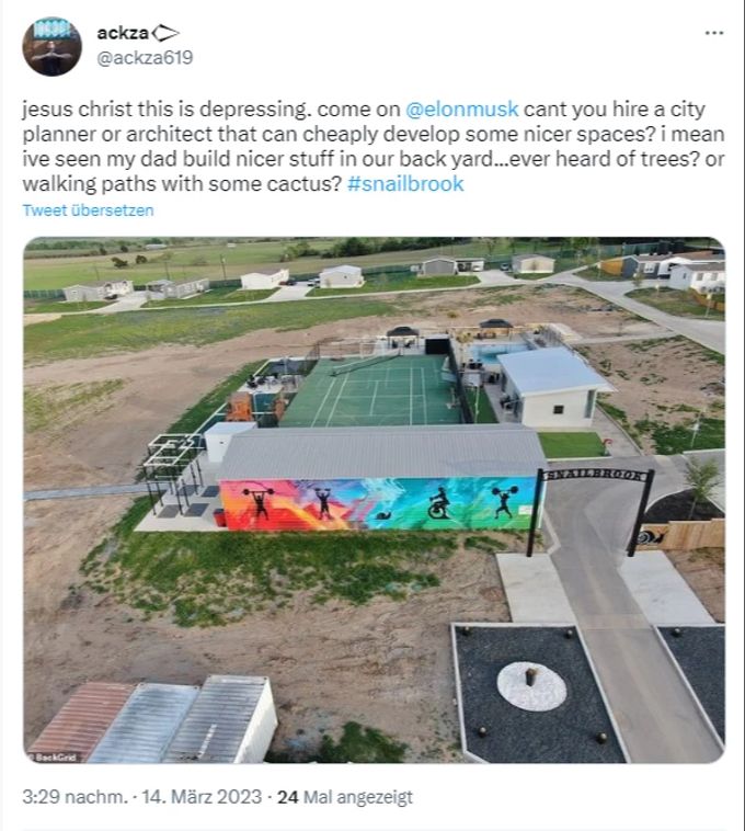 Auf Social Media werden die ersten Bilder der neuen Stadt von Elon Musk gezeigt. snailbrook elon musk