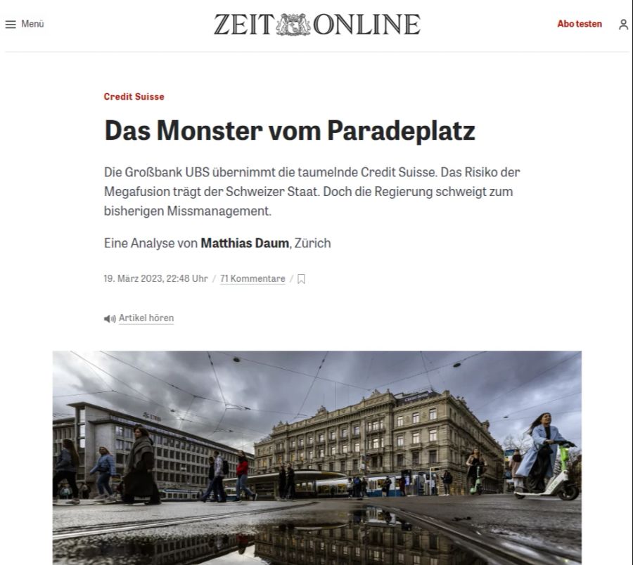 «Zeit Online» nennt die neue Mega-Bank der Schweiz «Das Monster vom Paradeplatz».