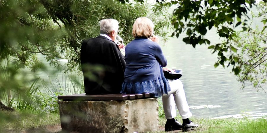 altes paar sitzt auf Baumstumpf in Natur