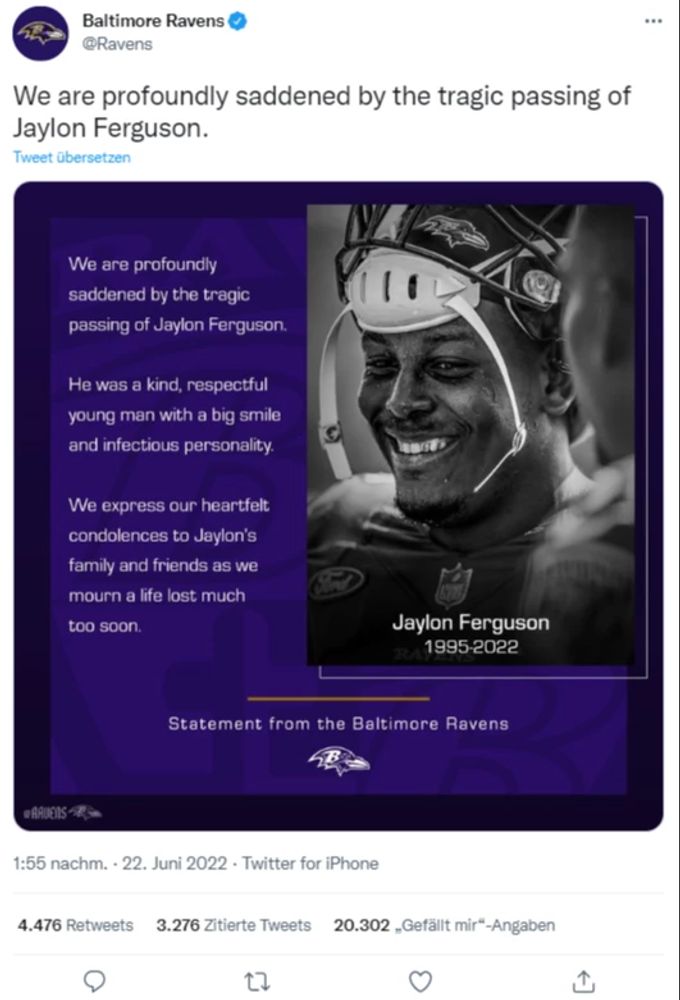 Die Baltimore Ravens verkündeten den Tod von Ferguson auf Twitter. ferguson baltimore ravens