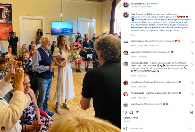 Julian Stöckel postete ein Bild der Hochzeitsfeier von Dieter Hallervorden und Christiane Zander. dieter hallervorden