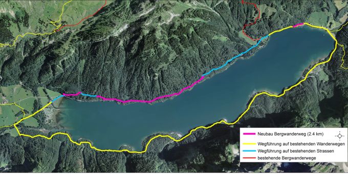 Geplanter Bergwanderweg rund um den Klöntalersee. Wanderweg