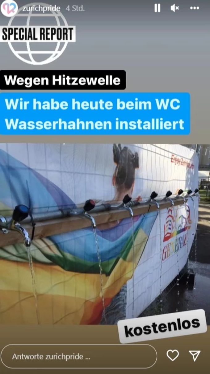 Am Zurich Pride Festival werden zusätzliche Wasserhähne aufgestellt. Zurich Pride Festival