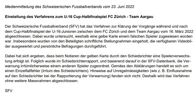 Die Mitteilung des SFV im Fall U16 FC Zürich. FC Zürich SFV