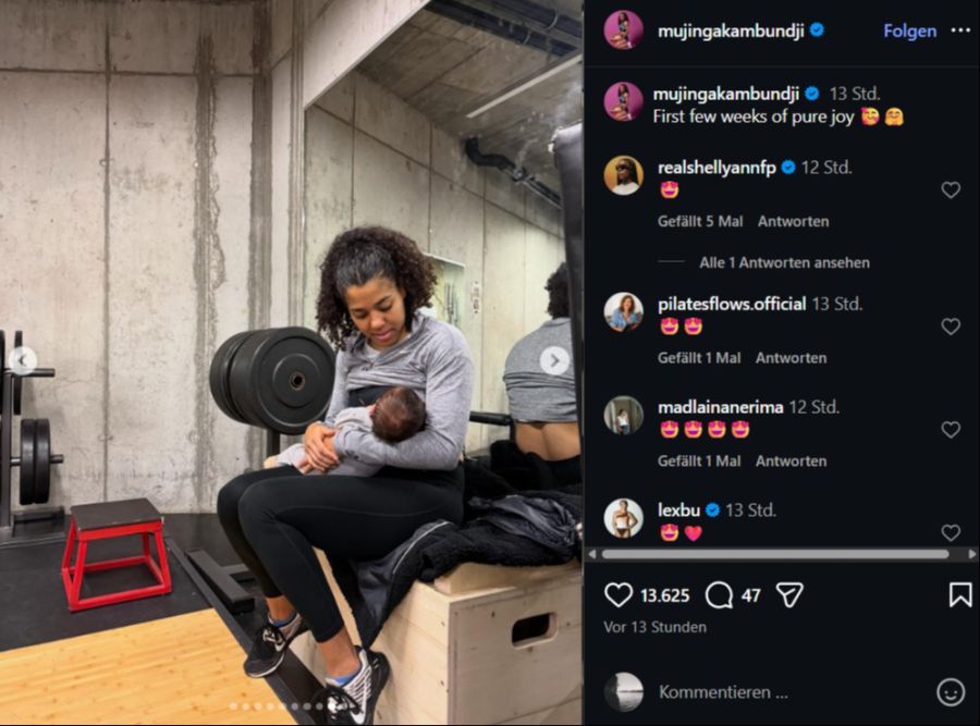 Mujinga Kambundji teilt auf Instagram intime Einblicke in die ersten Wochen mit ihrem Baby.
