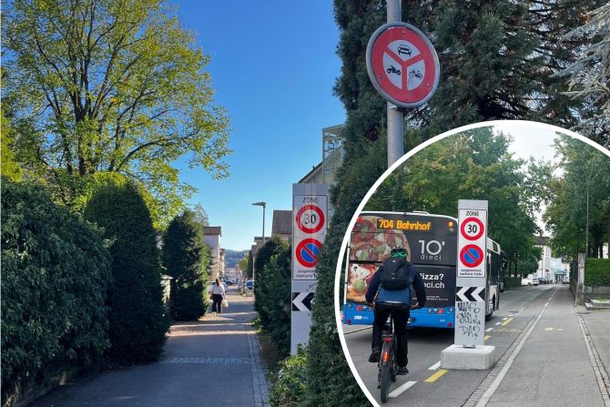 Auf dem Veloweg an der St.Peterstrasse wurde eine Fahrbahnverengung montiert. Die Markierungen für den Veloweg wurden mittlerweile entfernt.
