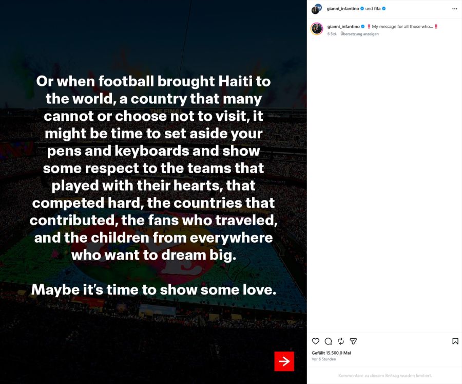 Gianni Infantino auf Instagram.