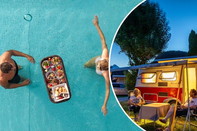 Floating Brunch im Infinity-Pool: Im Hotel Sepp gehören Genuss und Entspannung mit Blick auf die Bergwelt zum Konzept.