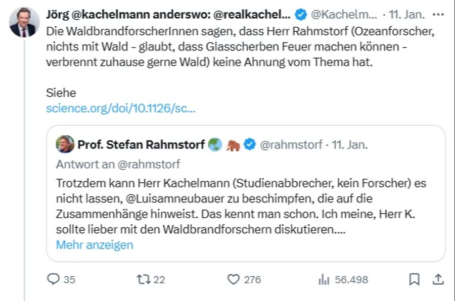 Kachelmann schiesst auf «X» zurück. Rahmstorf habe «keine Ahnung vom Thema». Er verweist dabei auf Studien aus den USA.