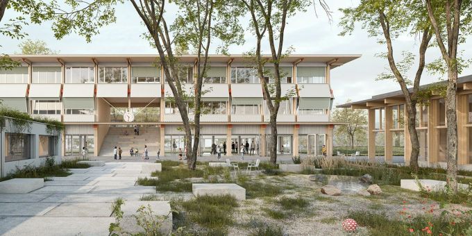 Blick vom begrünten Schulhof auf das neue Gebäude für die schulergänzenden Angebote mit Dreifachturnhalle. Rechts befindet sich die neue Schulschwimmhalle. Modell Schule Park Pflasterung
