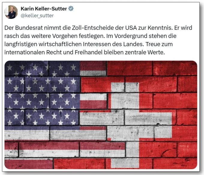 Bundespräsidentin Karin Keller-Sutter nimmt die Zölle der Trump-Regierung zur Kenntnis und kündigt rasche Entscheide an, illustriert mit einem Wandgemälde, das wohl die enge Verzahnung der Wirtschaft beider Länder illustrieren soll. Keller-Sutter Trump Zölle