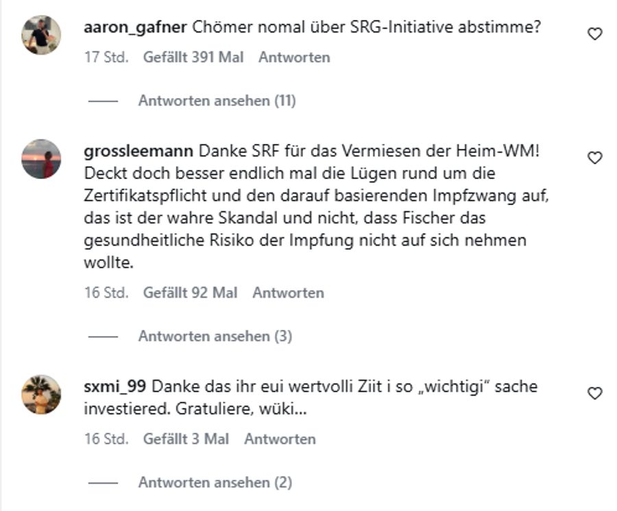 «Danke SRF für das Vermiesen der Heim-WM!», so einer von über 1000 Kommentaren unter dem SRF-Post zur Fischer-Entlassung.