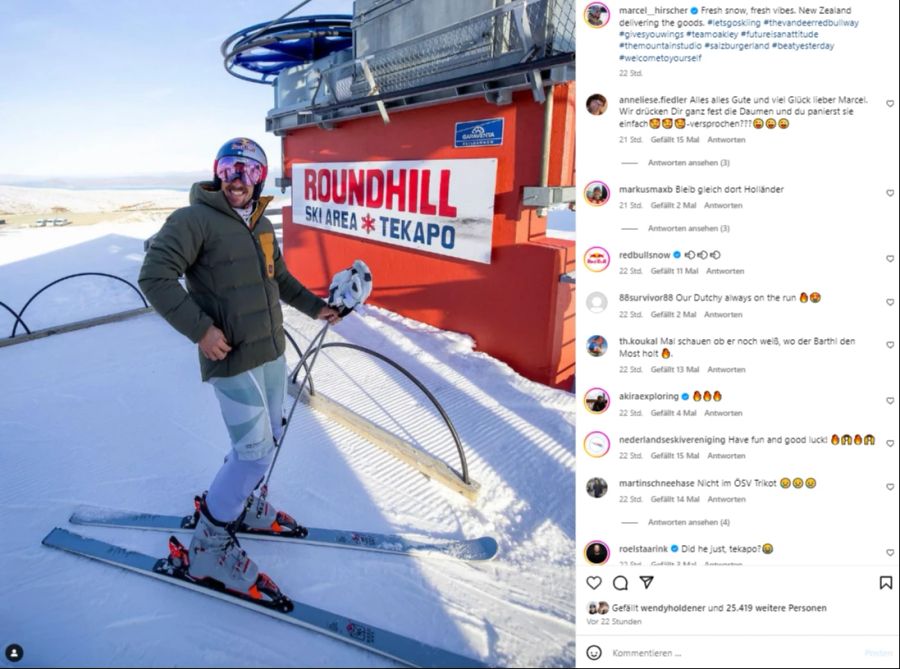 Auf Instagram grüsst er seine Fans und lächelt in die Kamera. «Frischer Schnee, frische Vibes. Neuseeland liefert ab.»