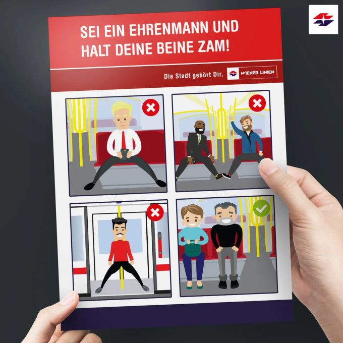 «Sitzt du noch oder spreadest du schon?», fragten die Wiener Linien mit ihrer Kampagne gegen «Manspreading» im Jahr 2019. Verbotsschild «Manspreading»