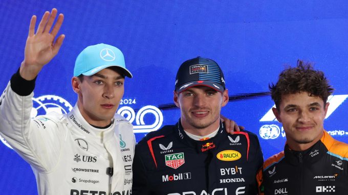 George Russell, Max Verstappen und Lando Norris nach dem Qualifying zum Katar-GP. Formel 1