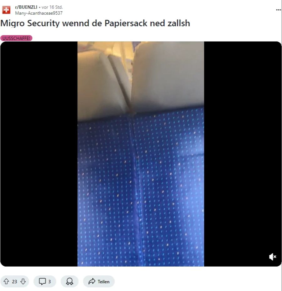 Ein anderer User postet ein Video von einem Zug-Passagier, der völlig ausrastet und schreibt dazu: «Die Migros-Security, wenn du den Papiersack nicht bezahlst.»