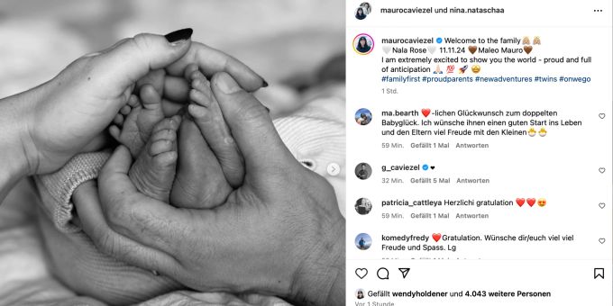 Mauro Caviezel und seine Nina verkünden die Geburt ihrer Zwillinge auf Instagram. Mauro Caviezel
