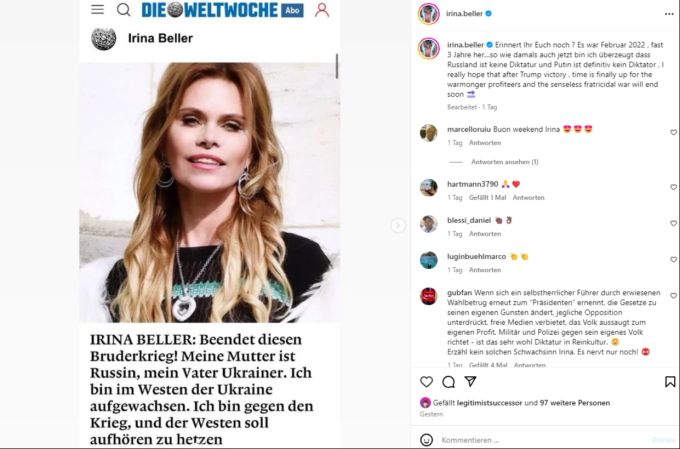 Irina Beller erhitzt auf Instagram immer wieder mal die Gemüter. Hier zum Beispiel mit einem Statement zum Ukraine-Krieg. Irina Beller