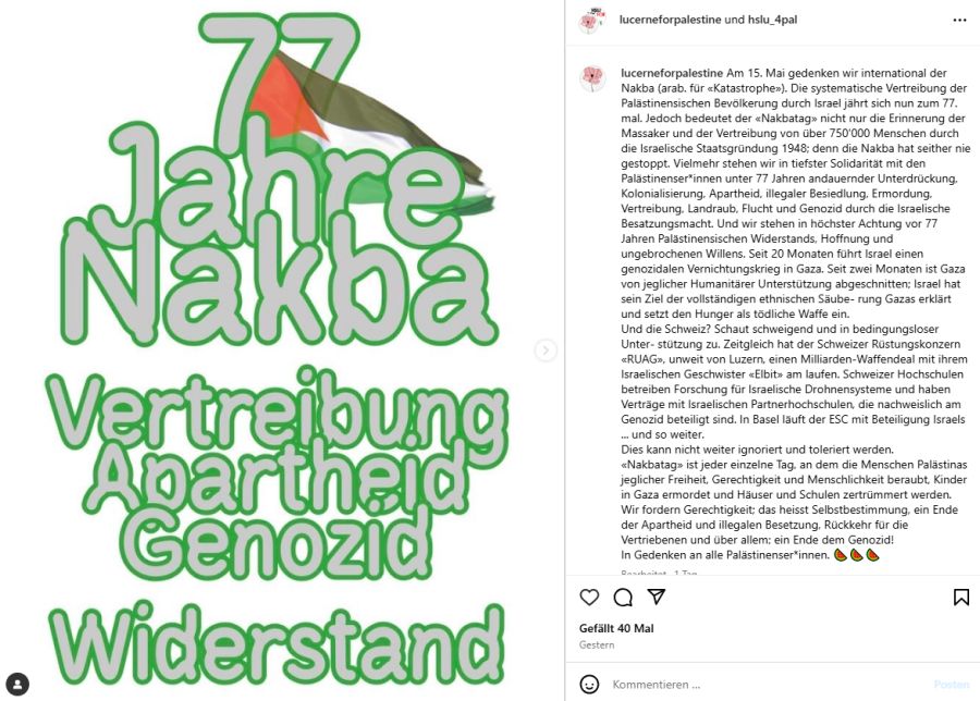 Das Kollektiv «Lucerne for Palestine» prangert Israel an.