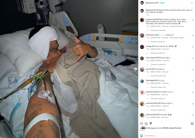 Aprilia-Pilot Jorge Martin meldet sich nach seinem Horrorsturz in der MotoGP aus dem Spital. Jorge Martin MotoGP Aprilia
