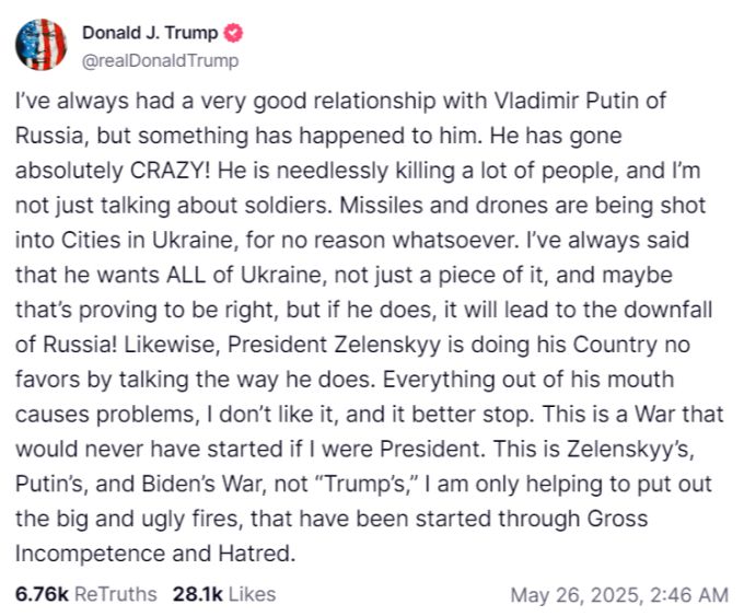 Wladimir Putin sei «absolut verrückt», schreibt Donald Trump auf Truth Social. Donald Trump
