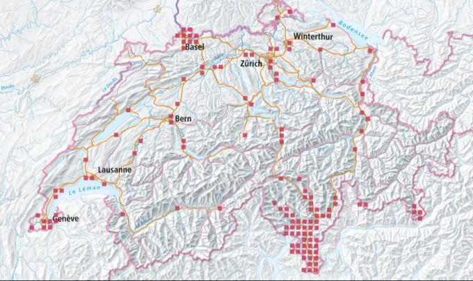 Die roten Punkte markieren, wo in der Schweiz seit dem Jahr 2000 Tigermücken entdeckt wurden. Wobei das Insekt an gewissen Standorten mehrmals vorgekommen ist. Karte Tigermücken Schweiz