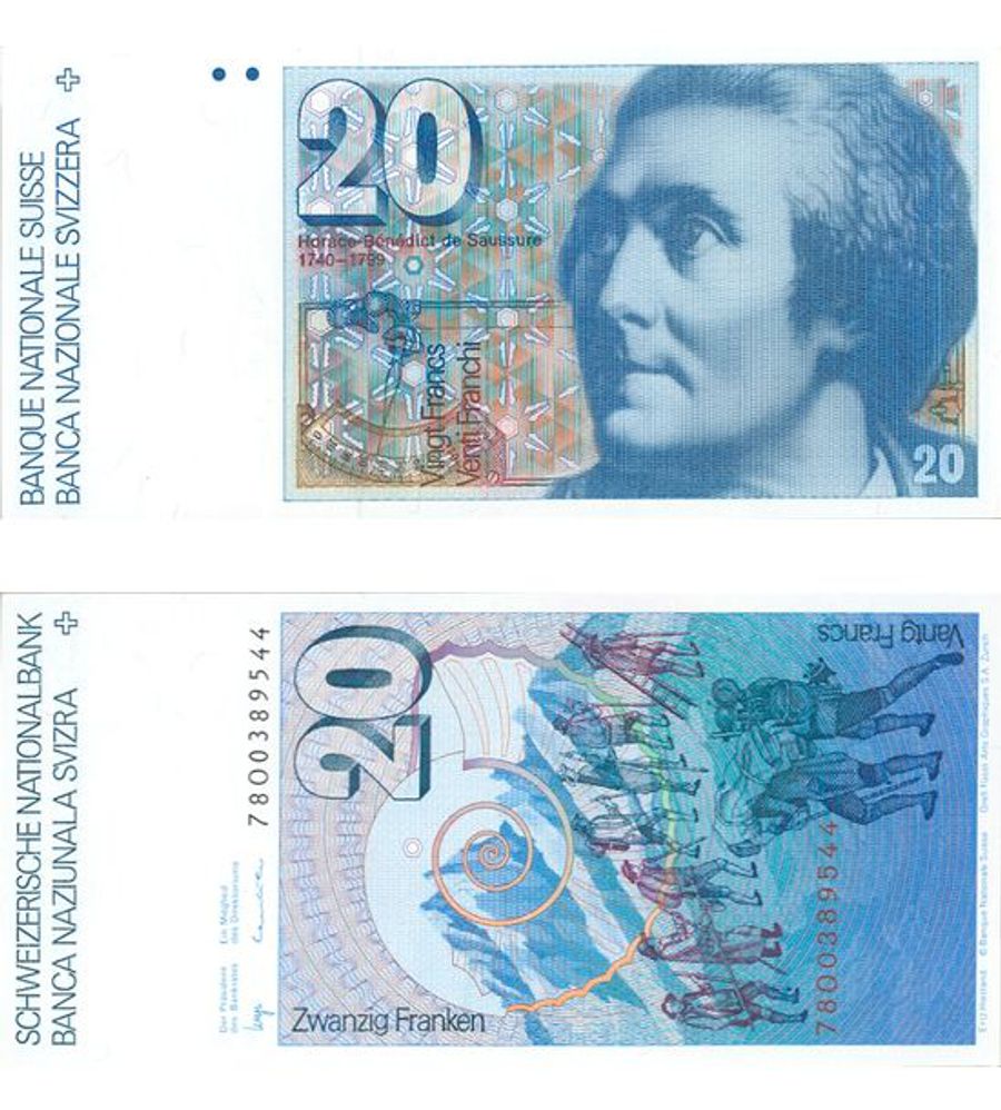 Die 20-Franken-Note der 6. Serie zeigt den Geologen Horace-Bénédict de Saussure (1740-1799). Auf der Rückseite sind eine Gebirgslandschaft, eine Bergsteigergruppe und ein Ammonshorn zu sehen.