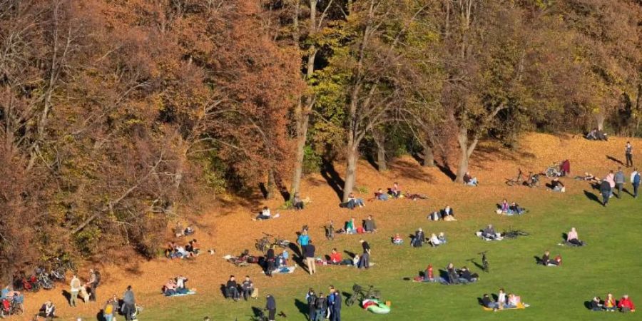 Zahlreiche Menschen sitzen im Münchner Olympiapark vor herbstlich verfärbten Bäumen auf einer Wiese. Foto: Sven Hoppe/dpa