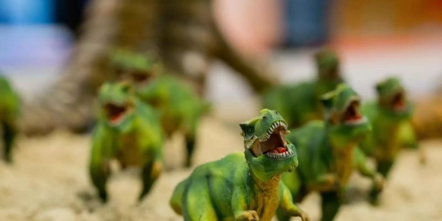 Kleine Figuren in Form eines T-Rex-Dinosauriers stehen in Nürnberg während der 67. Internationalen Spielwarenmesse am Stand des deutschen Herstellers Schleich. Foto: picture alliance / dpa