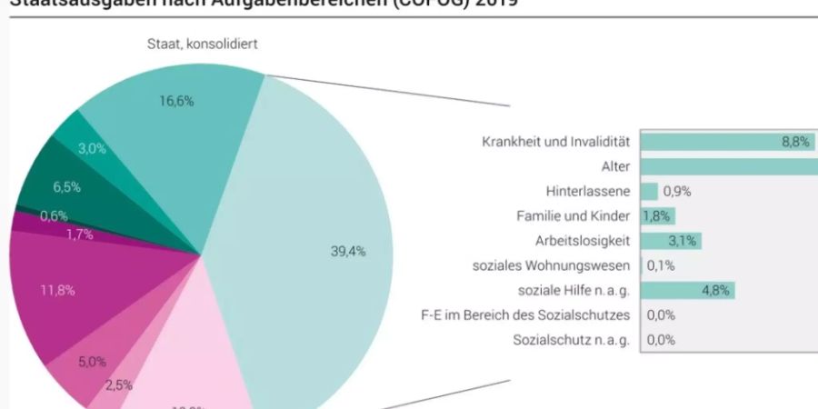 Die Staatsausgaben sind 2019 gegenüber dem Vorjahr um 1,5 Prozent auf knapp 238 Milliarden Franken gestiegen. Die Verteilung blieb sich praktisch gleich. (BFS)