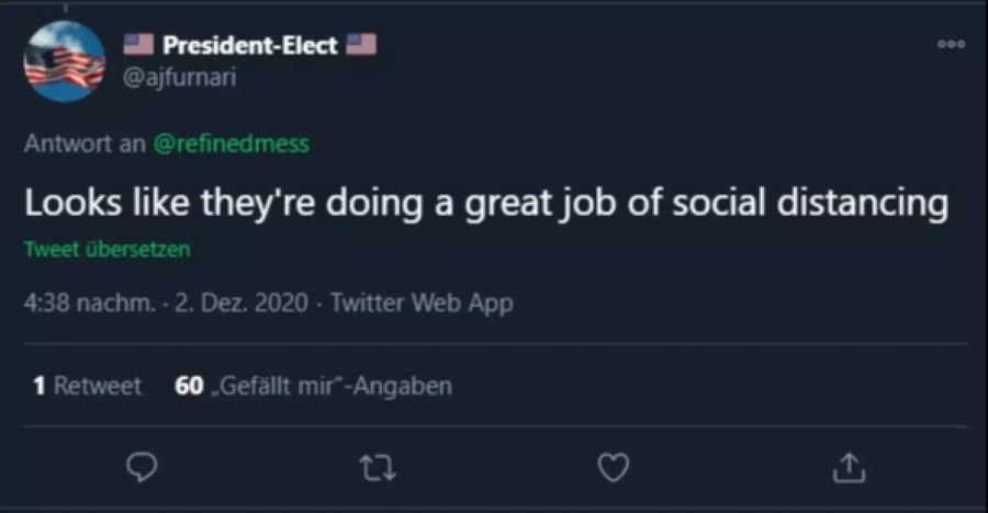 Ein anderer User schrieb sarkastisch: «Sieht so aus, als ob sie einen grossartigen Job in Social Distancing machen.»