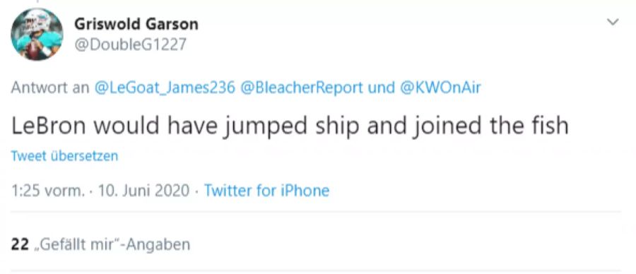 Twitter-Nutzer @DoubleG1227 spielt auf den überraschenden Wechsel von LeBron James zu den Los Angeles Lakers an.