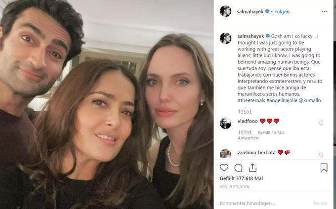 Salma Hayek veröffentlicht ein Selfie von sich mit Angelina Jolie und Komiker Kumail Nanjiani. Angelina Jolie Salma Hayek