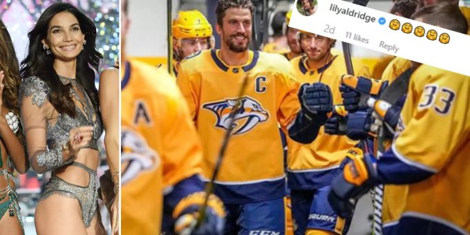 Links: Engel Lily Aldridge posiert für Victoria's Secret. Rechts: Roman Josi mit seinen Teamkollegen der Nashville Predators. Roman Josi Lily Aldridge