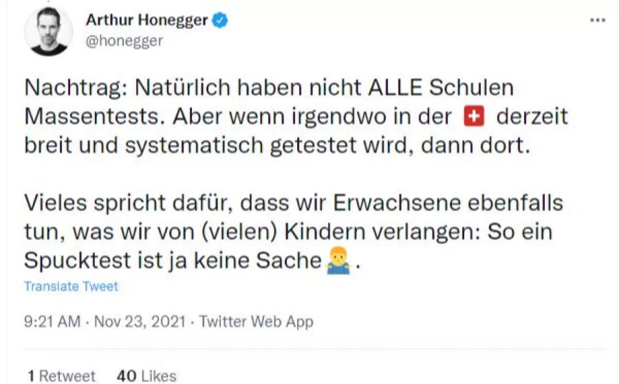 Honegger erklärt seinen Tweet.