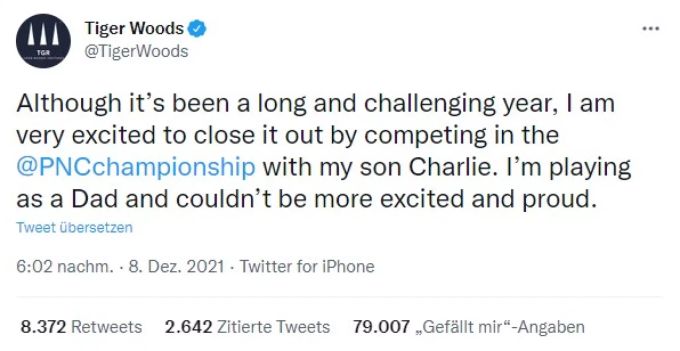 Tiger Woods schreibt: «Ich spiele als Vater und könnte nicht aufgeregter und stolzer sein.» Tiger Woods
