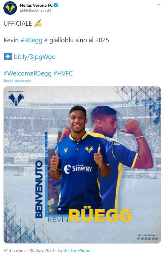 Kevin Rüegg schliesst sich Hellas Verona an. Kevin Rüegg Hellas Verona