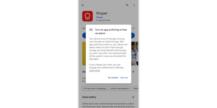 Diesen Pop-Up-Dialog zur neuen Auto-Archiv-Funktion für Apps dürften bald viele Android-Nutzerinnen und -Nutzer zu Gesicht bekommen - dann natürlich auf Deutsch.