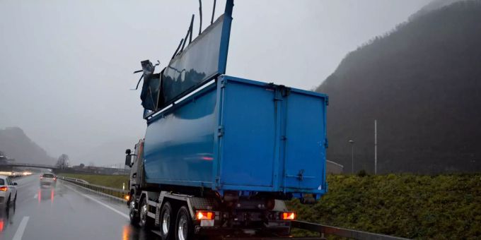Beim Container auf dem Lastwagen öffnete sich der Deckel, woraufhin der Laster mit einer Anzeige kollidierte.
