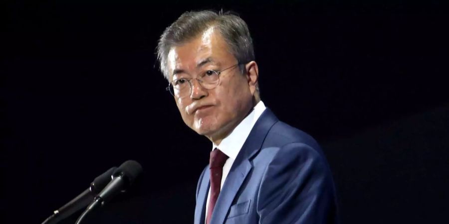 Südkoreas Präsident Moon Jae In an einer Pressekonferenz.