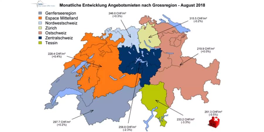 Ein Karte der Schweiz zeigt die monatlichen Mietentwickliungen der Grossregionen.