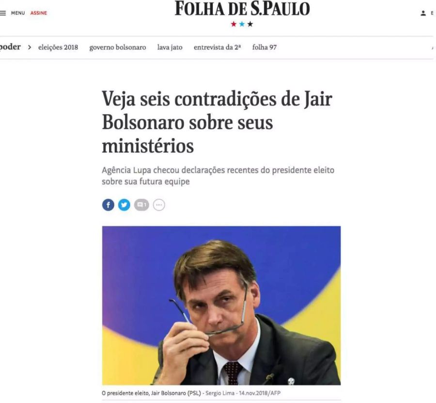 Artikel in der Folha de São Paulo: «Sechs Widersprüche Jair Bolsonaros bezüglich seiner Ministerien».