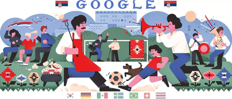 Auch Serbien kann nicht Fussball ohne Hund. Die Wurst ist scharf, der Postbote eilt, Google-Grafiker stehen auf Balkan-Tschingdarassabumm.