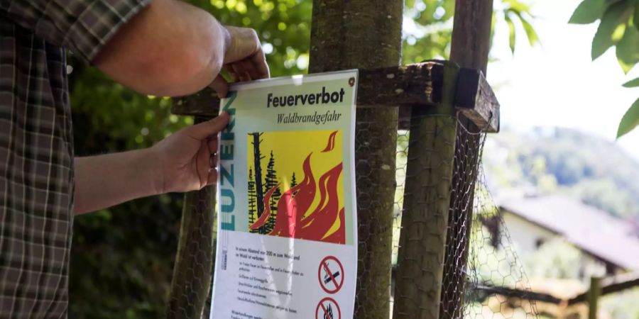 Revierförster Christoph Hitz befestigt ein Schild mit der Aufschrift «Feuerverbot Waldbrandgefahr» im Wald von Greppen LU.